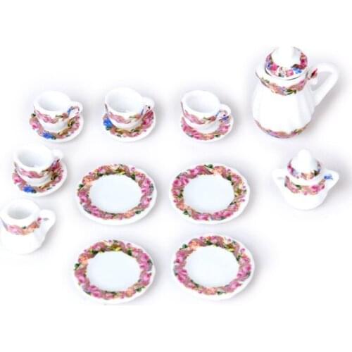 15pcs Doll House Miniature Porcelain Tea Set Dish+Cup+Plate - Colorful Floral Print
