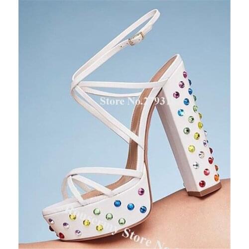 Shining Women Colorful Rhinestones Chunky Heel Platform Sandals White Crystal Straps Cross Thick High Heel Sandals Dress Shoes