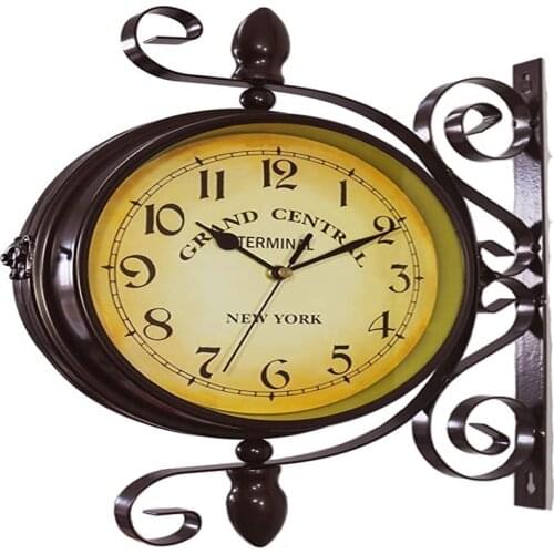 Retro double-sided wall clock wrought iron metal mute silent art clock pendulum double-sided 360-degree rotating antique