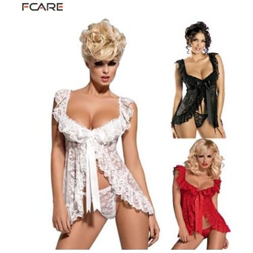 Fcare 2015 Europe and America transparent lace nightwear M to 4XL dress+g string plus size Sexy Lingerie