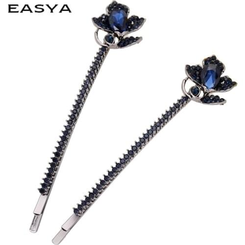 EASYA 2018 Hot Sale Blue Rhinestone Crystal Hairpin Hair Clip Ornaments Metal Leaf Shape Hairwear Hair Accessories