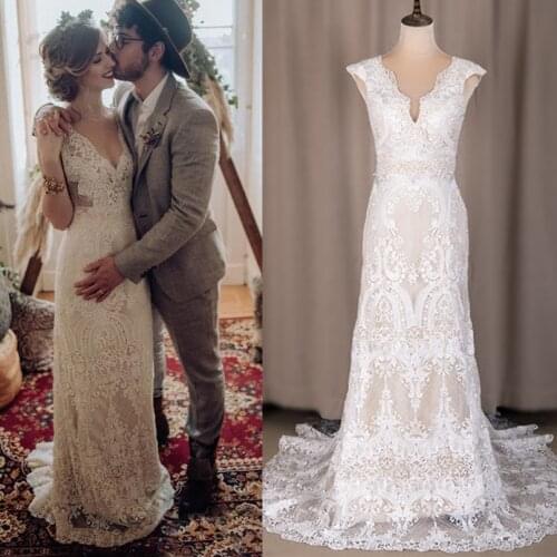 Lace Garden Boho Wedding Dresses 2021 Vintage V Neck Country Rustic Beach Backless Bridal Gown New Arrival CUSTOM MADE #794