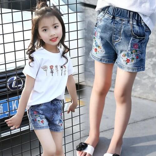Girls Jeans Shorts Floral Print Summer Short Pants for Girls Children Denim Trousers Embroidered Denim Shorts School Uniforms