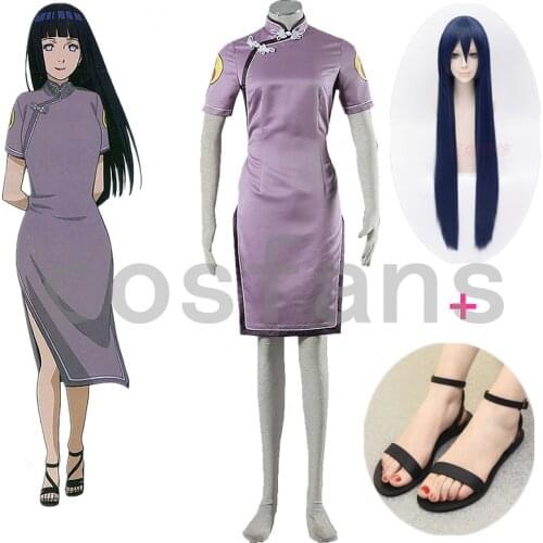 Hot! Anime Hyuga Hinata Satin cheongsam Cosplay Costumes Sets long wig shoes For women Halloween Party in stock