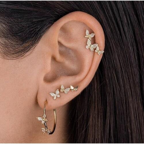 Minimal delicate dainty cz double butterfly Circle hoop earrings gold silver color trendy fashion animal charm women ear jewelry