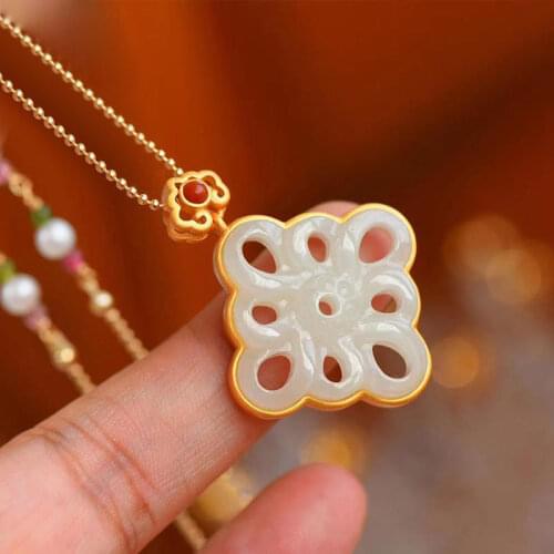 Natural Authentic Elegant Retro Hollow Antique Auspicious Pattern Hotian Jade Pendant Ethnic Style Necklace Female to Give Mom