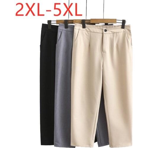 New ladies spring autumn plus size cropped pants for women large loose casual pocket straight beige black trousers 3XL 4XL 5XL