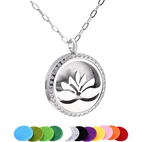 IJP3545 WHOLESALE Aromatherapy Jewelry for Women,New Design 30mm Crystal Lotus Pendant Essential oil Diffuser Necklace Famale