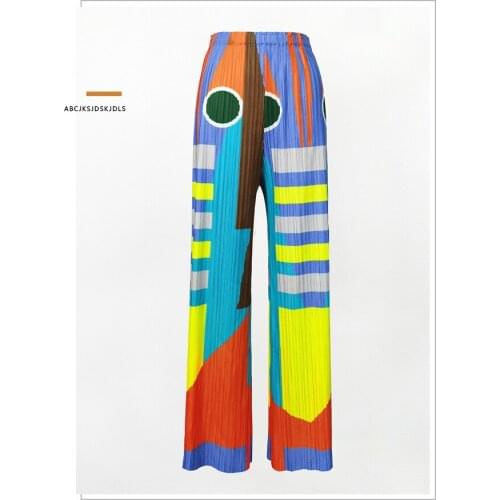 HOT SELLING miyake geometry print pleated straight pants lenghth pants IN STOCK