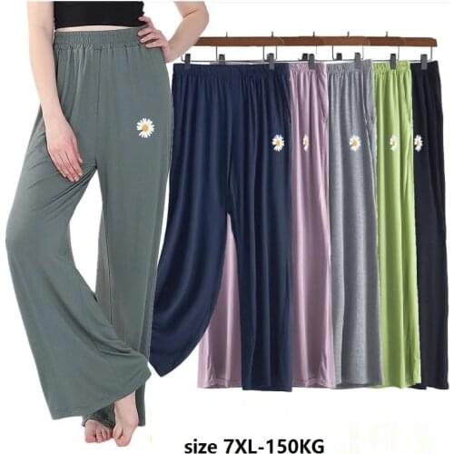 Size 7XL 150KG Summer Wide Leg Pants Thermal pants Women Soft Comfortable Ladies Loose Flower Embroidery Homewear Big Pants