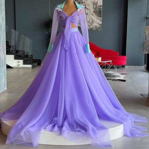 Sexy Two Pieces Ball Gown Prom Dresses Designer Evening Gowns Sheer Long Sleeves Ruffles Lace With Long Train For Party