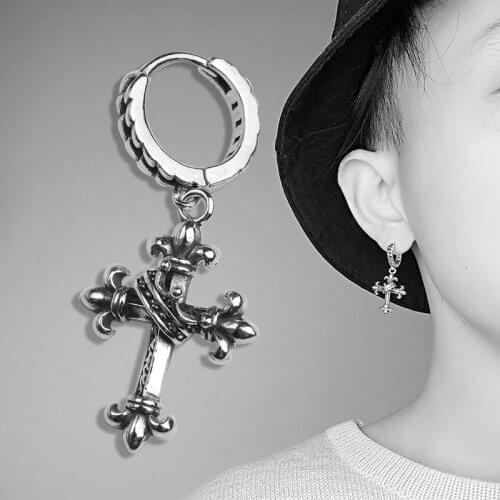 DUTRIEUX Punk Retro Antique Cross Ear Buckle S925 Silver Vintage Trend Crown Cross Drop Earrings for Men Women Fashion Jewelry