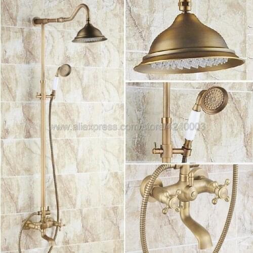 Shower Faucets Antique Brass Bathroom Retro Shower Set Faucet with Tub Mixer Tap Dual Handles Wall Mounted Krs102