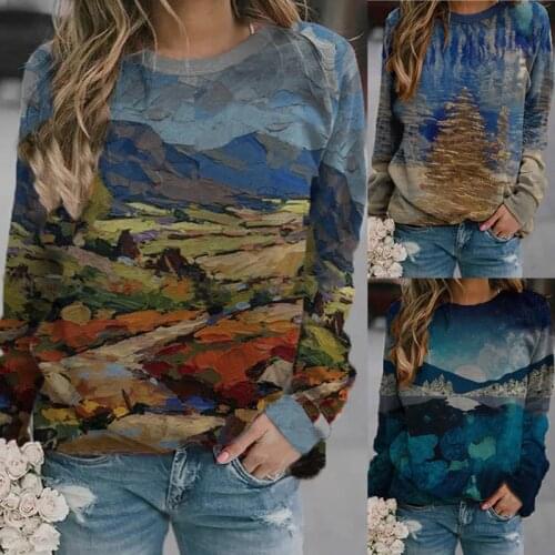 Winter Fashion Women Clothing Round Neck Print Sweatshirt Long Sleeve Casual Blouse Art Paintings Mountain Forest Tops & T-Shirt