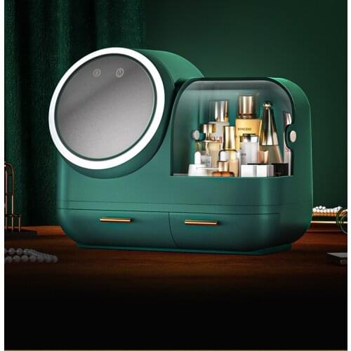 New Cosmetic Storage Box With Mirror Fan Led Light Desktop Makeup Organizer Case Dust-Proof Drawer Type Organizer For Cosmetics