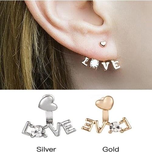 Women Double Sided Earring Letters Love Crystal Stud Earrings Gold Silver Color Jewelry Female Brincos Pending Mujhe