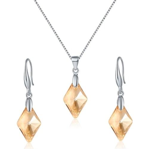 Simple Rhombus Pendants Necklace Drop Earrings Crystals From Swarovski For Women Party Gifts Silver Color Daily Jewelry Sets