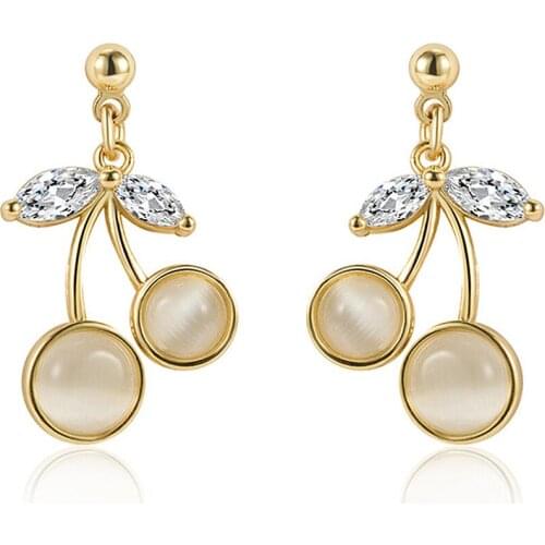 Fashion Chic Cute Cherry Cats Eye Gemstones Crystal Zircon Diamonds Stud Earrings for Women Girl Gold Color Jewelry Accessories