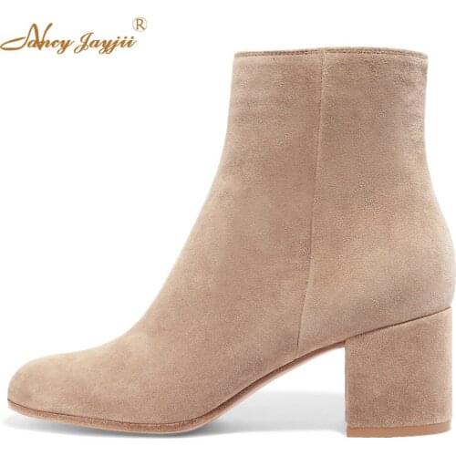 Bisque Sand Kid Suede Boots Ankle Black Woman Shoes Round Heel Margaux 65 mm Dress Autumn 2021 Female Brand Large US Size 13