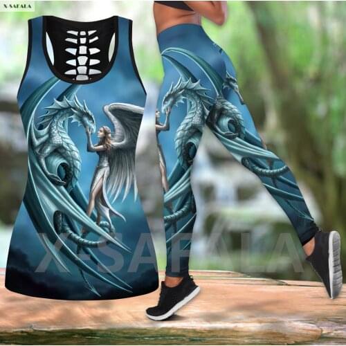 Wind Dragon Art 3D Printed Women Combo Two Piece Yoga Set Vest Hollow Out Tank Top B3 High Waist Legging Summer Casual Sport