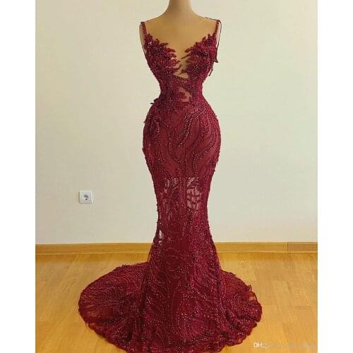 2021 Arabic Red Mermaid Prom Dresses Luxury Beading Sequined Lace Appliqued Spaghetti Strap Women Plus Size Formal Evening Gowns