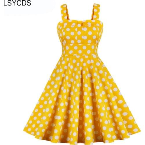 LSYCDS Women 50s Style Vintage Dress Yellow Elegant Tie Back Fit and Flare Party Spaghetti Strap Polka Dot Dresses