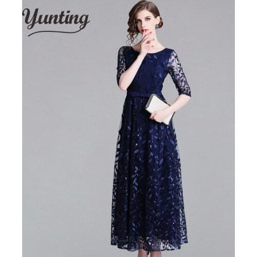 2019 Women Spring Summer Vinatge Elegant Party Night Dresses Casual Mesh Embroidery Stitching Fashion Dress