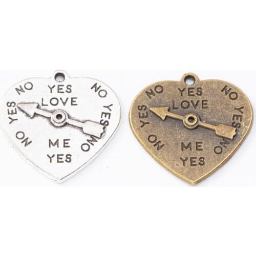 50pcs 22*22MM vintage Silver color bronze yes no love Polygraph heart charms pendants for bracelet earring diy jewelry making