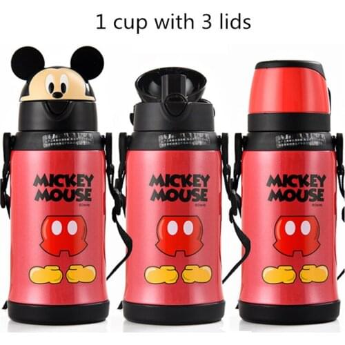 550ML Disney Mickey Cartoon Water Cup with Three Covers 304 Stainless Steel Water Bottle Portable Straw Kid School Bottle Gifts