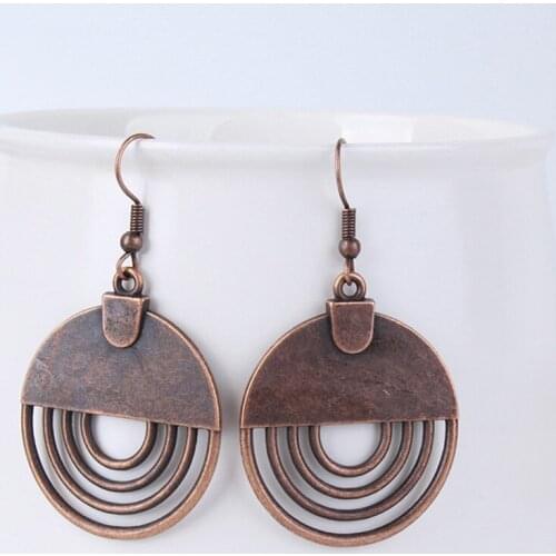 Bohemia Copper Red Round Drop Earrings For Women Circle Charm Pendant Retro Hollow Design Bohemia Alloy Vintage Earring