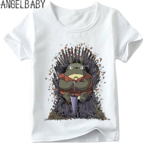 Children Anime Print Totoro On The Trone Funny Tshirt Boys and Girls Summer Clothes Kid Soft White T-shirt,ooo5059