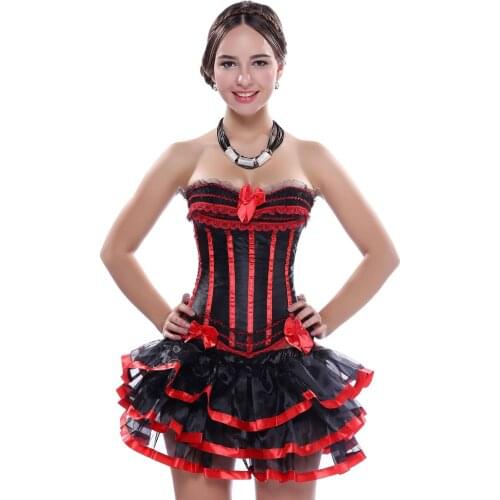 Hot Selling Women Sexy Burlesques Padded Cup Red Strap Corset Dress Basques TUTU Lingerie Costumes Set Instyles Not Include Skir
