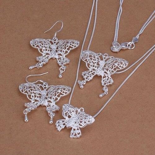 KN-S226 Free Shippng Silver Plated Jewelry Sets Lovely Silver Fashion Jewelry Hollow Double-Butterfly Earrings Necklace/amzajega
