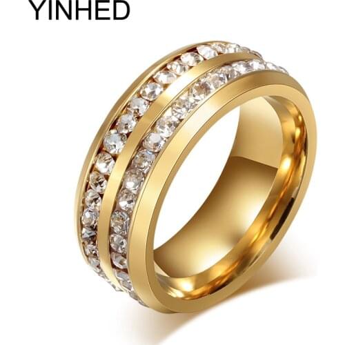 YINHED Never Fade Stainless Steel Ring Gold Color Fashion Jewelry 2 Row Zircon Crystal Wedding Rings for Women and Men ZR190