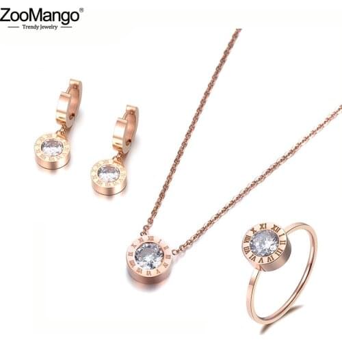 ZooMango Classic Round 2Ct Cubic Zirconia Pendant Necklace Earrings Ring Jewelry Sets Titanium Steel For Valentines Day ZSE007R