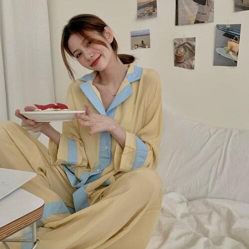 Korean Sweety Girly Tracksuit Kawaii Casual Lazy Splicing Full Sleeve Tops Elastic Waist Loose Pajamas Suit Home Two-Piece Suit