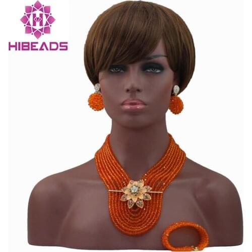 Royal Orange African Beads Jewelry Set 8 Layers Costume African Crystal Bridal Necklace Bracelet Earrings Jewelry Set ALJ832