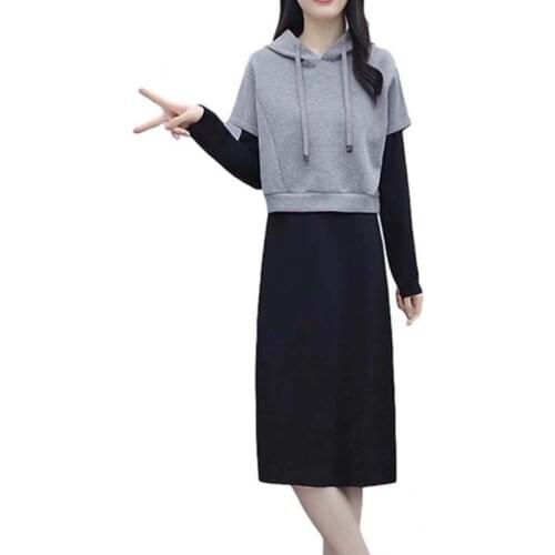 Fashion Hooded Sweatshirt Tops With Base Dress Suit Elegant Student Spring Two-Piece Set Womens Female 5XLPlus Size 1267