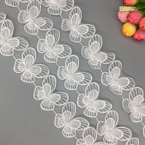 50X Pearl Beaded 3D Butterfly Lace Trim Ribbon Fabric Embroidered Applique Sewing Craft Wedding Dress Clothes 5X4 CM
