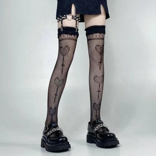 Summer Women Stockings Black White Hollow Out Fishnet Stockings Fashion Streetwear Cute Heart Long Socks Female Calcetines