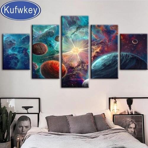 Multi Panel 5D Diy Full Square round Diamond Painting Cross Stitch Planet Universe Landscape Diamond Embroidery 5 piece Wall art