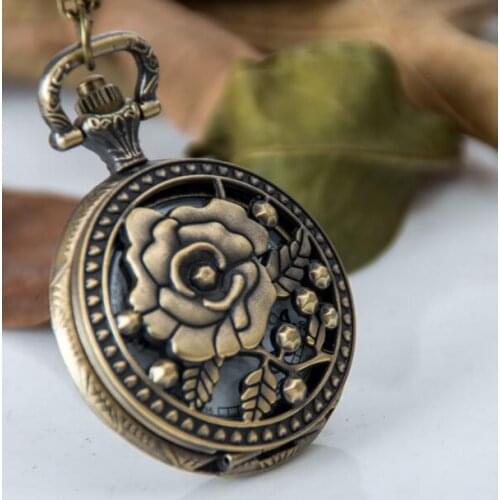 Wholesale buyer price good quality fashion girl lady retro vintage bronze rose flower And butterfly pocket watch necklace hour