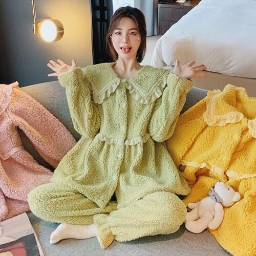 Pajamas warm big lapel autumn winter ladies bathrobes lace home clothes loose suits thick large size sleepwear pigiama donna