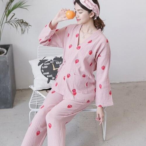 Expectant Mother Pajamas Set Long Sleeve T-shirt+Trousers 2PCS Pregnant Women Sleepwear Postpartum Mother Strawberry Pajamas