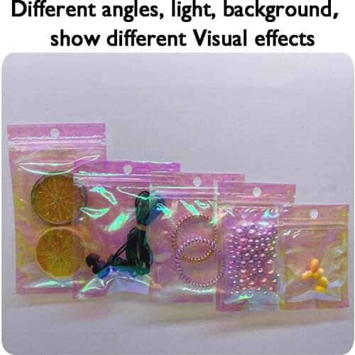 100Pcs Rainbow Transparent Symphony Ziplock Bag Cosmetic Plastic Laser Zipper Iridescent Zip lock Bags Plastic Laser Zipper