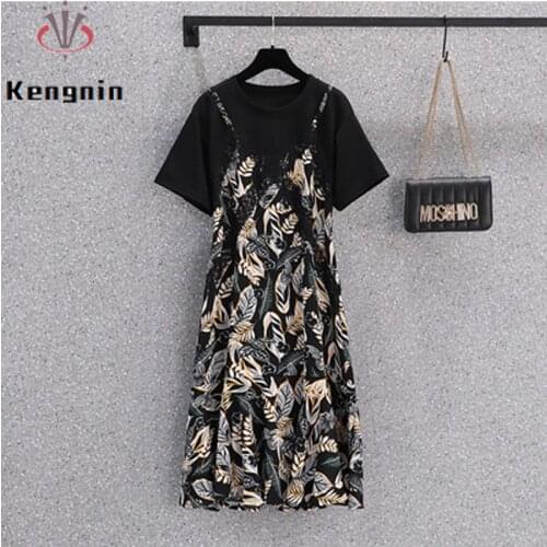 Oversized Chiffon Women Dress 2021 Summer Dress Patchwork Lace Office Lady Work Dress Casual Fake Two Piece Robe Dress KE1261