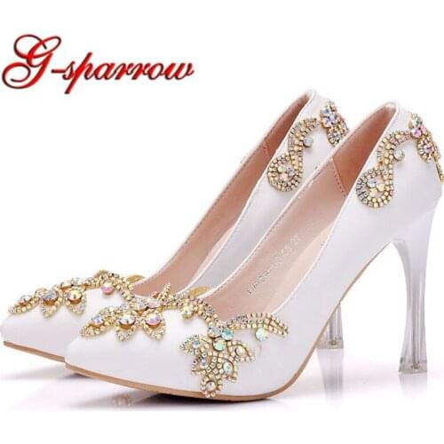 Strange Heel Women Pumps Pointed Toe High Heel Platforms Wedding Dress Shoes White Color Rhinestone Party Prom Pumps Bride Shoes