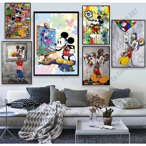 Street Graffiti Wall Art Classical Cartoon Print Canvas Painting Disney Mickey and Minnie Anime Posters Picture Home Decoration