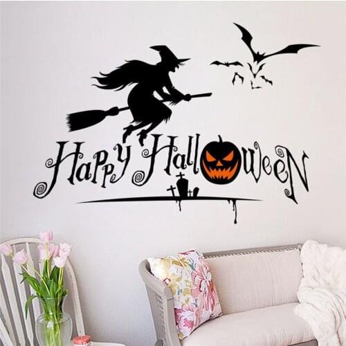 Witch Pumpkin Bat Happy Halloween Wall Stickers For Shop Home Decoration Window Decals Festival Wall Mural Art Vinyl Posters