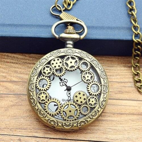 Antique Copper Steampunk Vintage Hollow Bronze Gear Hollow Quartz Pocket Watch Necklace Pendant Clock Chain Mens Women 2019